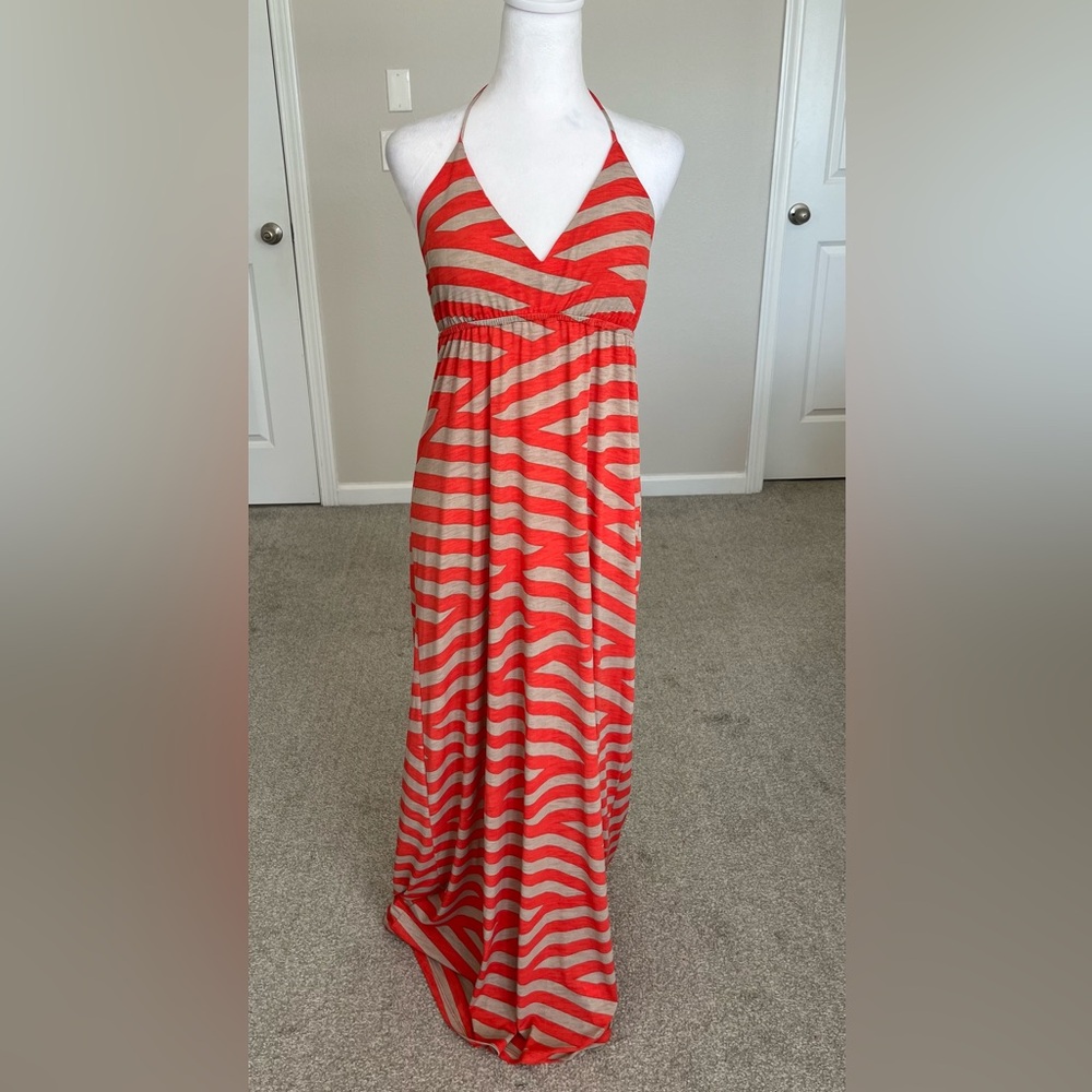 EUC Madrag Orange and Gray Halter Maxi Dress Size Large